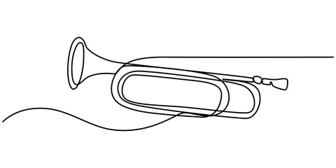 Trombone continuous one line drawing pro vector illustration, Thin line icon of trombone music instrument on white background, Thin line icon of a trumpet music instrument on white background.       © line drawing