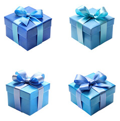 Collection set of blue gift boxes with bow ribbons isolated on transparent PNG background, Christmas, birthday, anniversary or Valentine's, holiday decor