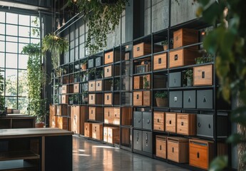 Modern interior design showcasing a wooden storage cabinet system filled with plants and decorative items in a stylish, well-lit urban environment