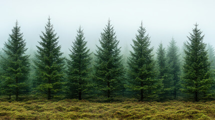 Dense evergreen trees in misty forest landscape create serene atmosphere. lush greenery contrasts beautifully with soft fog, enhancing tranquil scene