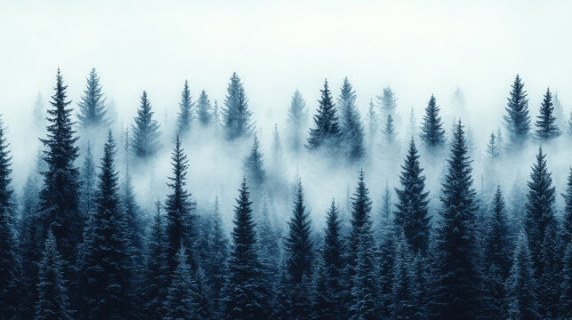 misty forest landscape with tall evergreen trees shrouded in fog, creating serene and mysterious atmosphere. dense foliage adds depth and tranquility to scene - Powered by Adobe