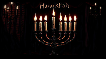 High-angle perspective illustration of a Menorah with nine lit candles in a festive setting. Happy Hanukkah greeting. Bright lens flare, elevated viewpoint, light streaks, vibrant colors