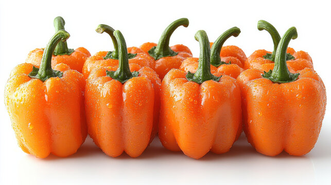 Fresh orange bell peppers arranged in row, showcasing their vibrant color and water droplets. Perfect for healthy meals and vibrant dishes