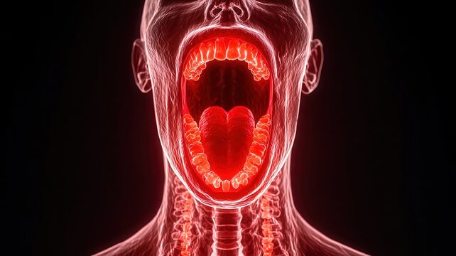 A visual of an inflamed tongue and throat glowing red, emphasizing the physical effects of anaphylactic swelling.
