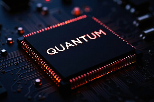 A state of the art quantum computing microchip on a pcb motherboard, performing complex calculations at subatomic levels, used in advanced science, cryptography, artificial intelligence. Concept.