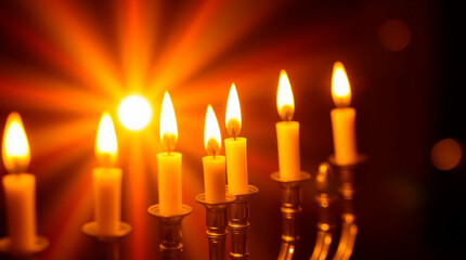High-angle perspective illustration of a Menorah with nine lit candles in a festive setting. Happy Hanukkah greeting. Bright lens flare, elevated viewpoint, light streaks, vibrant colors