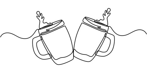 Continuous line drawing two glasses of bear clinking. Beer spray. Vector illustration, Two glasses of beer one line continuous. Line art glasses of beer. Hand drawn vector art, Craft drink alcohol. 