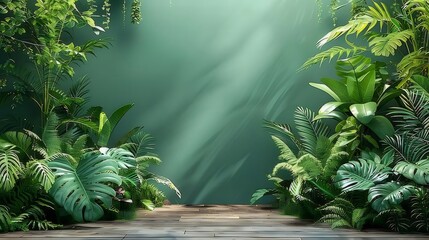 Lush tropical foliage flanking a dark green wall with wood floor.