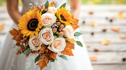 beautiful bridal bouquet featuring sunflowers, roses, and autumn leaves, perfect for fall wedding. vibrant colors and natural elements create warm and romantic atmosphere. 
