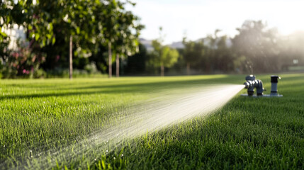 Sprinkler system in action watering lush green lawn in daylight