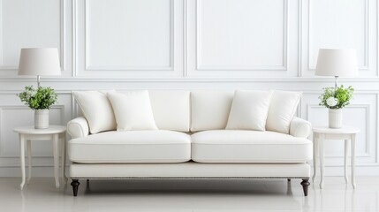 Elegant white sofa with soft pillows and stylish lamps in a modern bright living room interior design