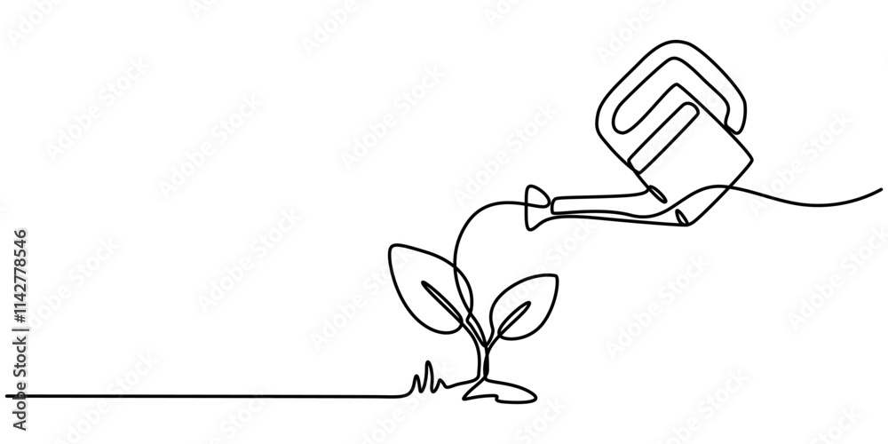 Poster continuous single line sketch drawing of watering can plant tree seedling growth. one line art of na