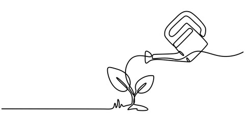 Continuous single line sketch drawing of watering can plant tree seedling growth. One line art of nature agriculture farming economy growing vector illustration, Watering Can and Flower, pro vector.