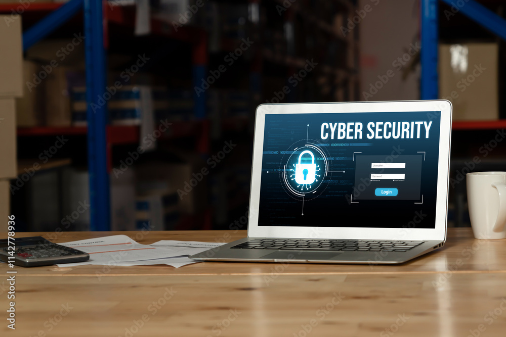 Poster cyber security system on computer screen protect private information snugly from hacker and cyber at