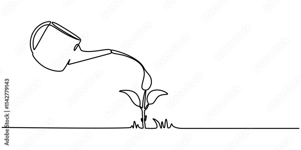 Poster continuous single line sketch drawing of watering can plant tree seedling growth. one line art of na