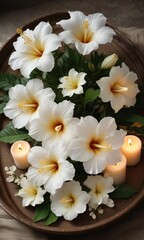 White hibiscus flowers and candles arrangement on a vintage tray, spa, wellness
