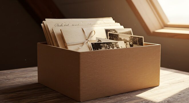 Vintage Cardboard Box Filled with Old Letters and Photos	
