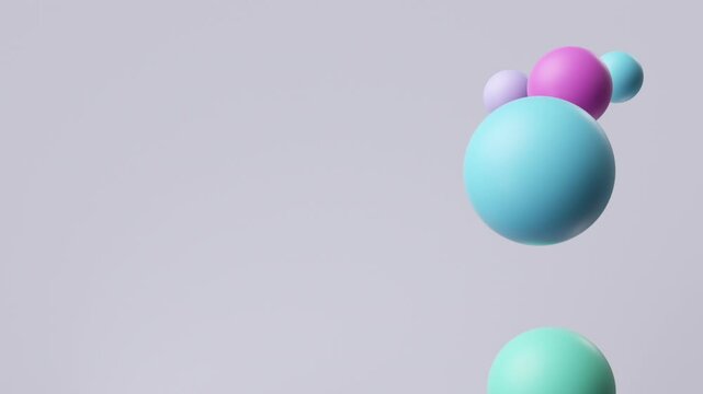 looping 3d animation, minimalist abstract background. Multicolored assorted plastic glass gold balls. Lump made of chaotic particles stick together isolated on white background, gravity concept