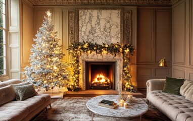 A stylish living room with a marble-framed fireplace, a frosted Christmas tree glowing with soft fairy lights, and holiday garlands