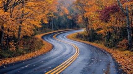 Fototapeta premium A winding road curves through a mountainous region adorned with colorful autumn leaves. The rocky terrain contrasts beautifully with the warm hues of the fall foliage.