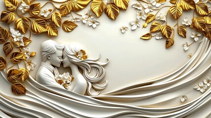 A romantic relief sculpture of a couple embracing, surrounded by golden leaves and flowing lines, symbolizing love and harmony.