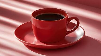 Obraz premium vibrant red coffee cup sits on matching saucer, filled with dark coffee. soft shadows create warm and inviting atmosphere, perfect for cozy moment