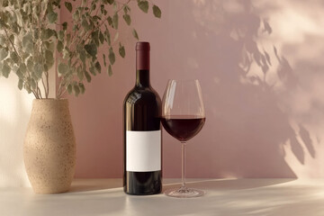 Mockup with a red wine bottle  with a blank label and a glass of wine  on a pink background with house plant. Branding, product design template