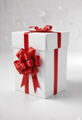 White present box with a red satin ribbon bow on a white background, gift, contrast, luxury, texture, celebration