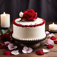 A round red velvet cake with a sleek white frosting finish, a single red rose on top, and surrounded by rose petals on a clean wooden surface.