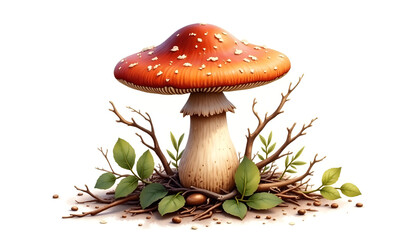 Colorful mushroom with red cap surrounded by leaves and twigs on white background