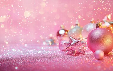 A vibrant holiday backdrop with glowing pastel stars, neon baubles, and swirling glitter on a radiant pink gradient