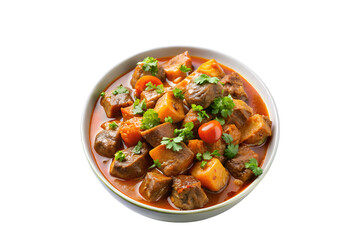 Bowl of Stew with Chunks of Meat, Potatoes, Carrots, Garnished with Fresh Cilantro and Cherry Tomatoes on White Background