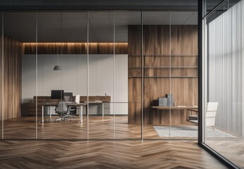 Modern office interior with wooden accents and glass panels showcasing a minimalistic design, featuring a desk, chair, and decorative elements for a contemporary workspace