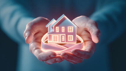 person holds glowing house model in their hands, symbolizing home ownership and security. image conveys sense of protection and innovation in real estate