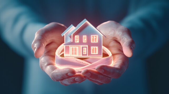 person holds glowing house model in their hands, symbolizing home ownership and security. image conveys sense of protection and innovation in real estate