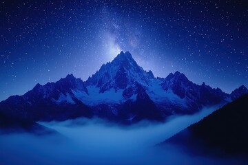 Majestic mountain peak under a starry night sky with mist surrounding the base illuminated by faint celestial light. Generative AI