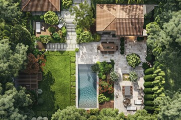 a customized floor plan for a countryside retreat, including outdoor patios, gardens, and recreational spaces, all presented in a clear and detailed 3D format.