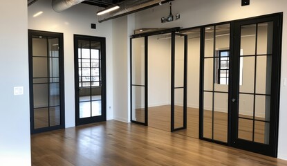 Obraz premium Modern Office Space with Glass Doors and Wooden Flooring, Ideal for Creative Businesses and Professional Services, Bright with Natural Light in Contemporary Design