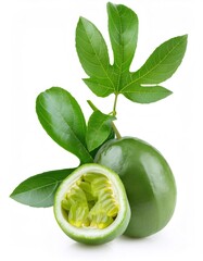 Studio shot of a whole green passion fruit and a half showing the pulp, with attached leaves, isolated on a white background