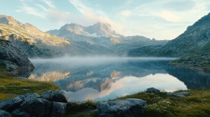 Obraz premium Majestic mountain landscape with tranquil lake and morning mist reflecting the scenery