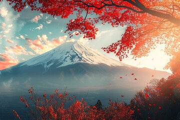 Mt Fuji with red maple leaf in autumn season, Japan.