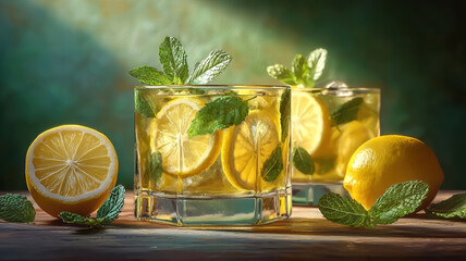Refreshing herbal cocktail with mint leaves and lemon slices in glasses, perfect for summer gatherings. vibrant colors and natural light create inviting atmosphere