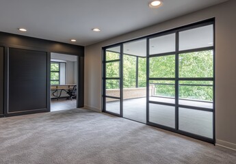 Obraz premium Modern office space with sleek design, large windows, and natural light featuring an open balcony and plush carpeting, perfect for contemporary work environments and productivity.