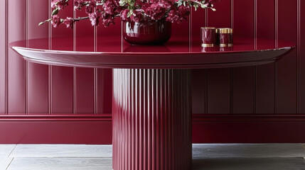 modern round table with glossy red finish, featuring fluted pedestal base and adorned with floral arrangement in matching vase, creating stylish and elegant atmosphere