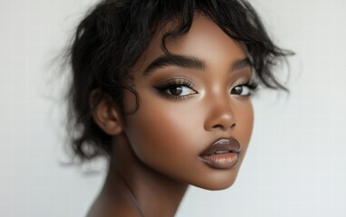 Fototapeta premium Close-up of a woman with elegant evening makeup on a clean white background