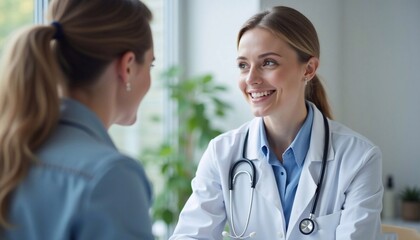 Fototapeta premium professional female doctor with stethoscope listens attentively to patient, medical consultation, healthcare, trust and professional care