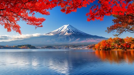 Mt Fuji with red maple leaf in autumn season, Japan.