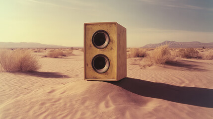 Two oversized speakers, one red and one yellow, standing in an empty desert landscape under a clear blue sky with sparse clouds.