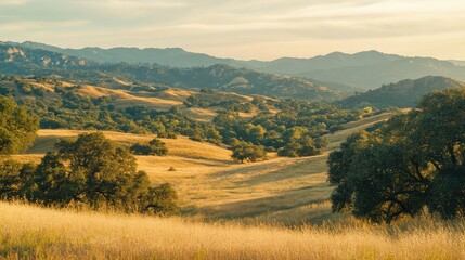 Naklejka premium Rolling green hills capture morning light in a serene landscape with vibrant vegetation and gentle slopes near a rural area