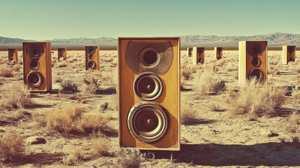 Two oversized speakers, one red and one yellow, standing in an empty desert landscape under a clear blue sky with sparse clouds.